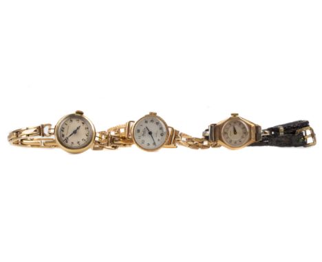 THREE LADY'S NINE CARAT GOLD CASED MANUAL WIND WRIST WATCHES, including a Bentima Star example on an unmarked bracelet marked