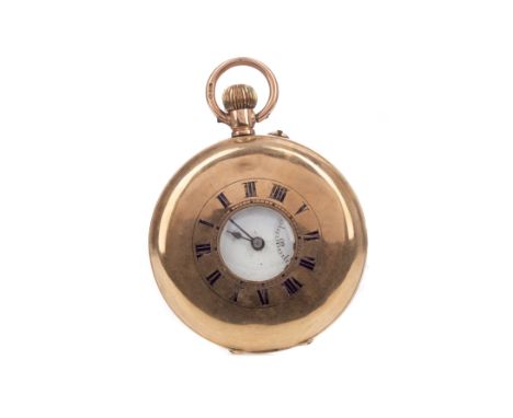 NINE CARAT GOLD HALF HUNTER POCKET WATCH, the round white dial with Roman hour markers, subsidiary dial at 6, 47mm case with 