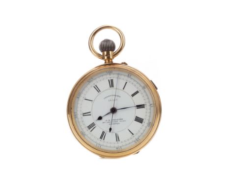 EIGHTEEN CARAT GOLD OPEN FACE CHRONOGRAPH POCKET WATCH, the round white dial with Roman hour markers, outer track in black, 4