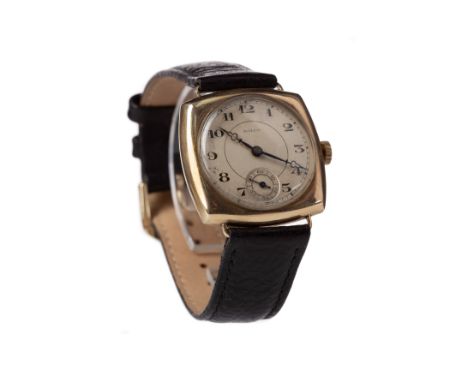 GENTLEMAN'S ROLCO NINE CARAT GOLD MANUAL WIND WRIST WATCH, the round cream dial with Arabic hour markers, outer seconds track