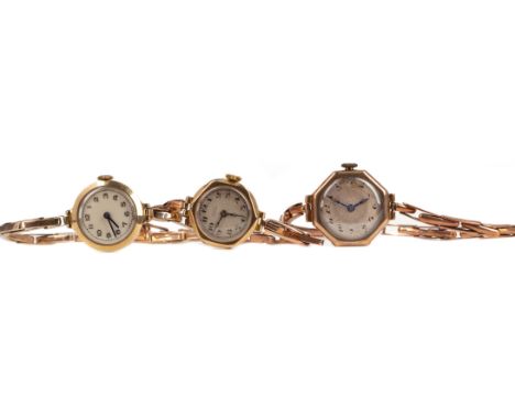 THREE LADY'S NINE CARAT GOLD CASED MANUAL WIND WRIST WATCHES, including a Datum Watch Factories example, the dial signed 'Edw