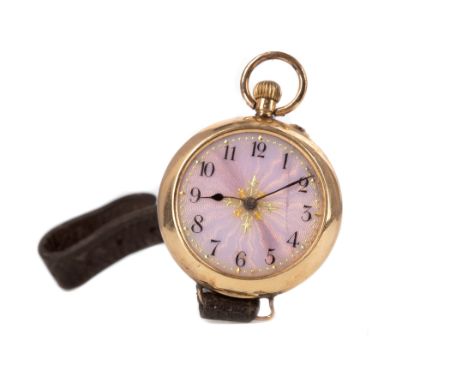 GOLD OPEN FACED ENAMELLED POCKET WATCH, the round pink guilloche enamelled dial with black Arabic hour markers, dot outer sec