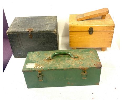 Vintage wooden box with contents and shoe shine box and a steel box. 