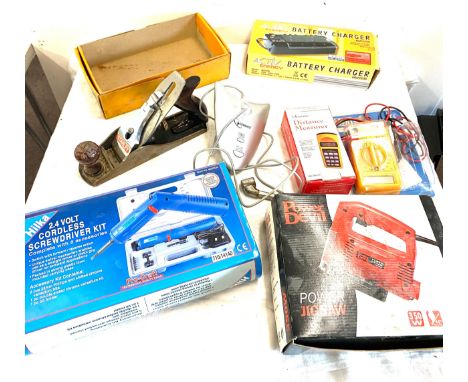 Large selection of assorted tools includes Stanley number 4 Boxed, Power devil Jigsaw etc