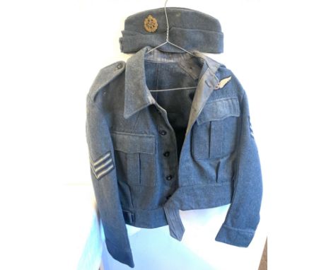 RAF WW2 1943 Suits Aircrew Battledress Blouse Tunic, war example tailored with Flight Sergeant chevrons and Crown to the righ