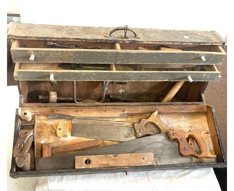 Vintage wooden tool box and a selection of vintage and later tools 