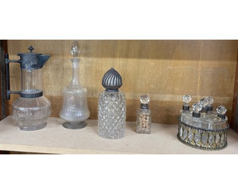 Selection of vintage and later glass items includes silver topped bottle, christopher dresser style decanter (damaged) etc 