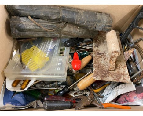 Box of assorted tools includes oil cans, spanners, pliars etc 
