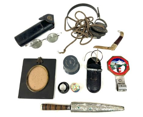 Box  of bygones including antique sunglasses, enamel car badge, folding knife etc 