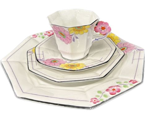 Vintage Melba pink flower handle art deco part tea service, patten number 3804, This part set comprises 10 hexagonal shaped c