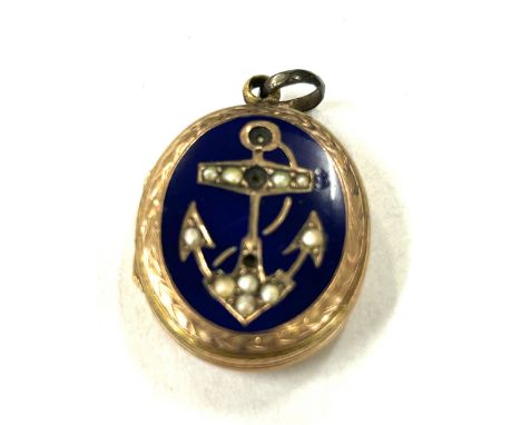 Victorian 9ct gold front and back locket, blue enamel and seed pearl anchor, approximate weight 7g