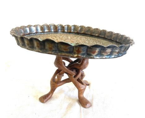 Vintage Indian brass tray table, approximate diameter of tray 15.5 inches, Height 10 inches, with wooden stand