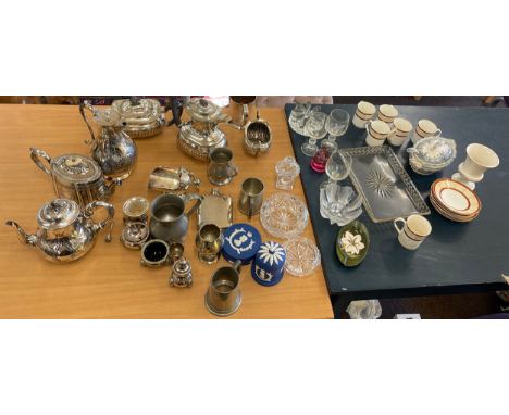 Large selection of silver plated items to include tea services, silver plated Derbyshire masonic golfers meeting 1960 mug, We