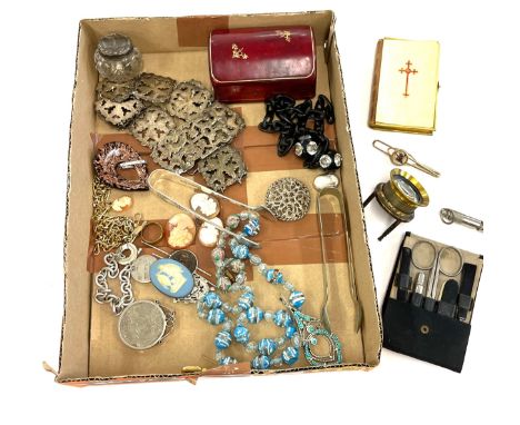 Box of various vintage items to include Bible, nurses belt, costume jewellery etc 