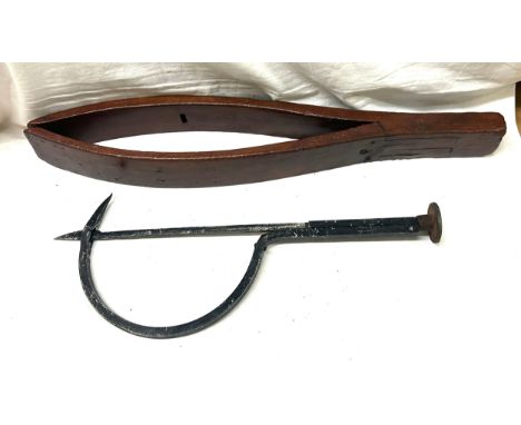 Vintage thatching tool and a wooden saddlers tool 