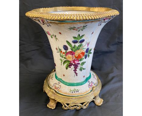 Vintage jardiniere on stand, fruit design, brass edge top and base, overall height 12.5 inches