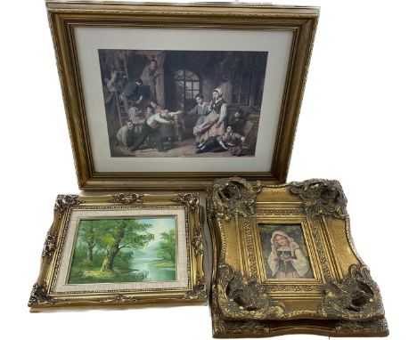 2 Vintage framed prints, 1 oil on canvas, largest measures 23 inches by 19 inches