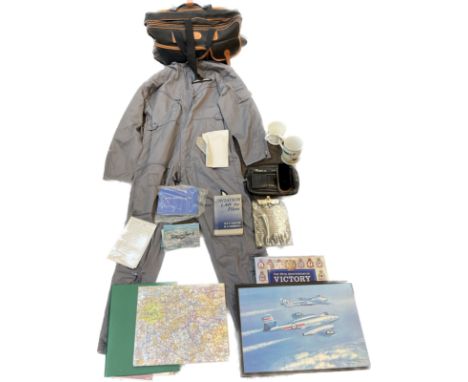 Assorted vintage RAF items circa 1980's, 1990's including technicians overalls, pilots log book, epaulettes, mugs, map, acme 