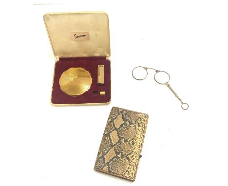 Selection of vintage items to include a Stratton compact set and a Burneys perfection cigarette case and a pair of Lorgnette 