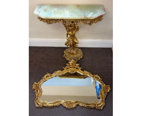Vintage gilt and onyx console table with cherub detailing and mirror, overall height of table 31 inches, Width 32 inches, Dep