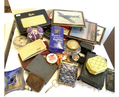 Selection of vintage bibles, framed aircraft pictures, iphone 4, tablet, trinkets, radio biscuit tin etc all untested