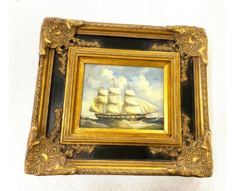 Vintage gilt framed oil on canvas painting depicting a sail boat, unsigned approximate frame measurements: Height 17 inches, 