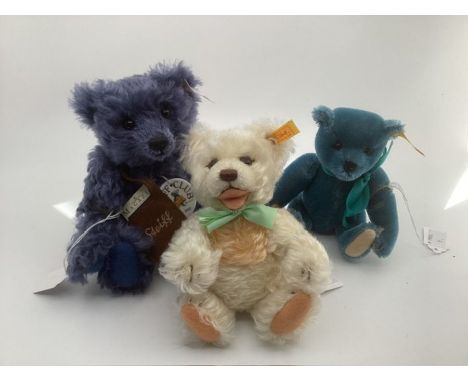 Steiff Teddy bear 00417 2002 Club teddy 8” blue bear., Steiff zotty &nbsp;7” open mouth 029967, and Steiff 029233 French Blue