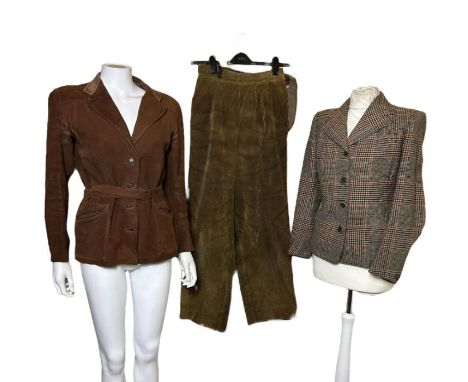 vintage 1940s women's clothing to include a pair of 1940s workwear trousers in jumbo cord, a suede jacket with belt, a tweed 