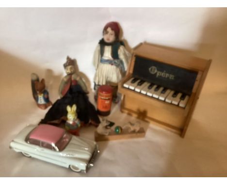 Vintage Toys inc tinplate; French toy dolls Piano, cloth doll and tin plate toys assortment,wooden Puppet, carved German toy,