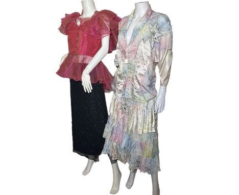 A 1980s two piece in a pastel rainbow crushed velvet with studs and lace inserts, an early 2000s Whistles skirt and two micro