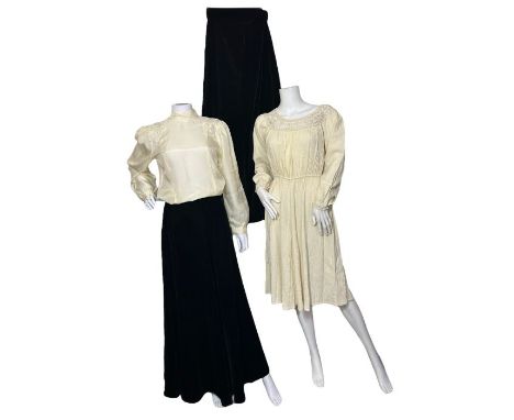 A 1970s Biba blouse in cream silk with guipure lace appliques, a cream cotton cheesecloth dress with crochet yoke and cuffs a