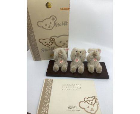 Steiff 038372 3 wise bears &nbsp;no 393 white tag rare set ( hear no evil…) on wooden fitted styled plinth., with original bo