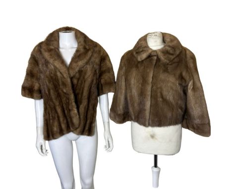 An interesting pastel mink shrug c 1950s in a taupe shade with mushroom satin lining and a demi buff mink jacket with shawl c