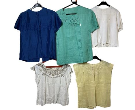 5 vintage blouses, 1940s and later to include silk and linen. (5)good condition, some small marks on cutwork silk blouse