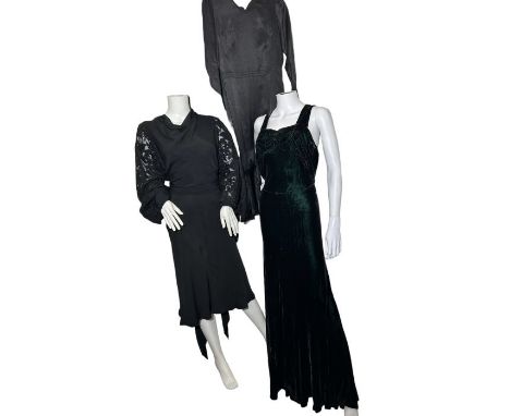 Three 1930s dresses for dinner or evening and a black slip. One dress is in a shot black/green velvet, another has balloon sl