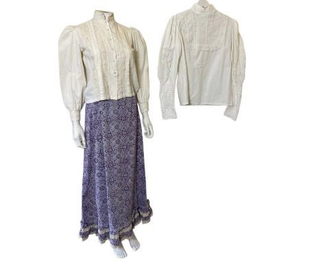 1970s and early 1980s Laura Ashley made in Wales pieces to include two edwardian style blouses, a purple workwear smock or ov