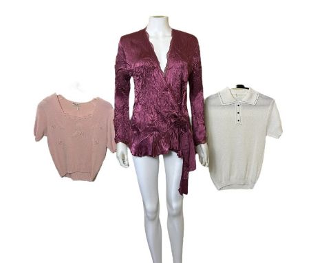 6 vintage tops and blouses to include a 50s soft pink sweater with aurora borealis and pearl beads, an early Bruce Oldfield t