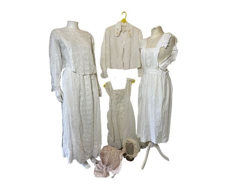 C1890s/1900 two piece lingerie dress/ garden dress with cutwork lace, two coverall aprons, a white cotton petticoat, 1920s bl