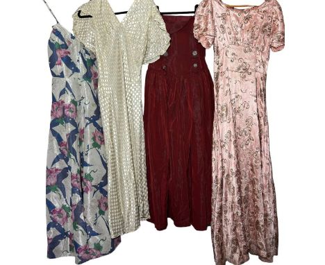 1930s and 40s evening wear to include a 1930 harlequin check gown with lame thread and caped back, a printed pink satin gown 