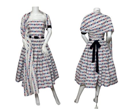 A  strapless 1950s Horrockses dress with novelty print featuring women in 19th century evening dress/ crinoline ladies and a 