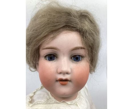 LARGE ANTIQUE GERMAN BISQUE HEAD DOLL 390 A12M with good bisque head, original light ash mohair wig , open close eyes and cor