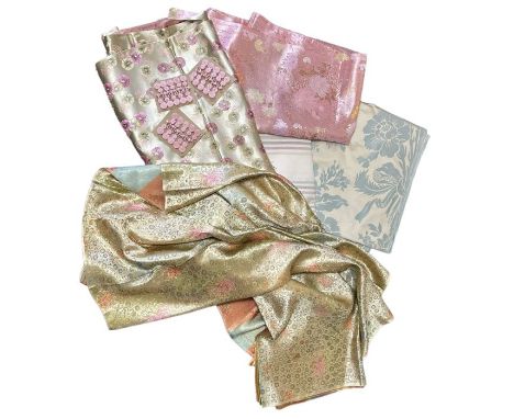 3 part bolts of Laura Ashley upholstery fabric and lengths of oriental brocade dress making fabric with frog fastenings.  cre