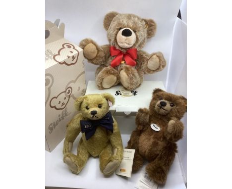 Steiff German teddy bears ; Bobby 013898 40cm, soft yellow tag, Grizzly 010644 28cm soft yellow tag and Million Hugs 038778 2
