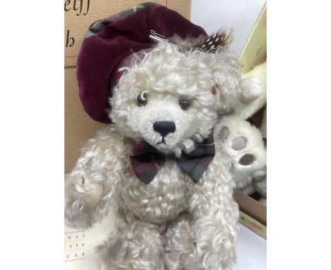 Steiff German Teddy bear Scottish 654855 32cm , together with Steiff boxed set Father and son expedition plush bears boxed se
