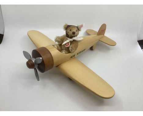 Steiff German 038259 12cm Bear in wooden aircraft &nbsp;Air Steiff model made in 2000, cinnamon mohair teddy in flying retro 