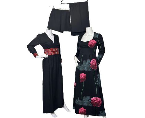 1960s fashions to include a rose print maxi dress with shelf bust, a full length shantung gown with side splits and cummerbun