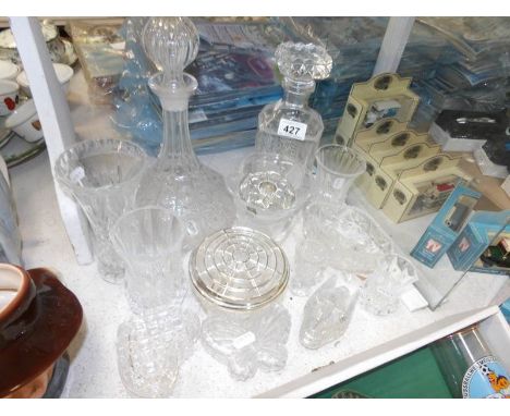 A ship's decanter, another decanter, glass trinket boxes etc