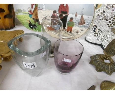 3 vintage cut glass vases, one engraved with birds and one engraved with squirrels