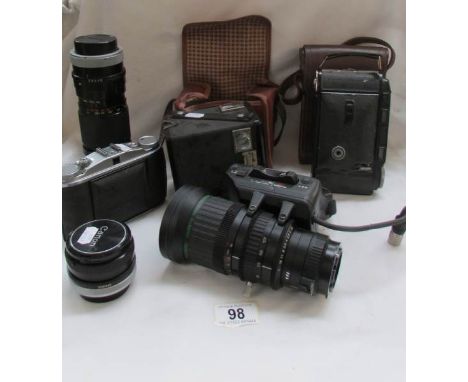 3 vintage camera's including Voightlander and Agfa Solinar, a Canon 50mm and a cannon 100-200mm lenses and a Fujinon aspheric