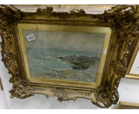 A 19th century oil on board 'Lobster Fisher's on rocky seascape'  Willard Ratteon??, gilt frame a/f